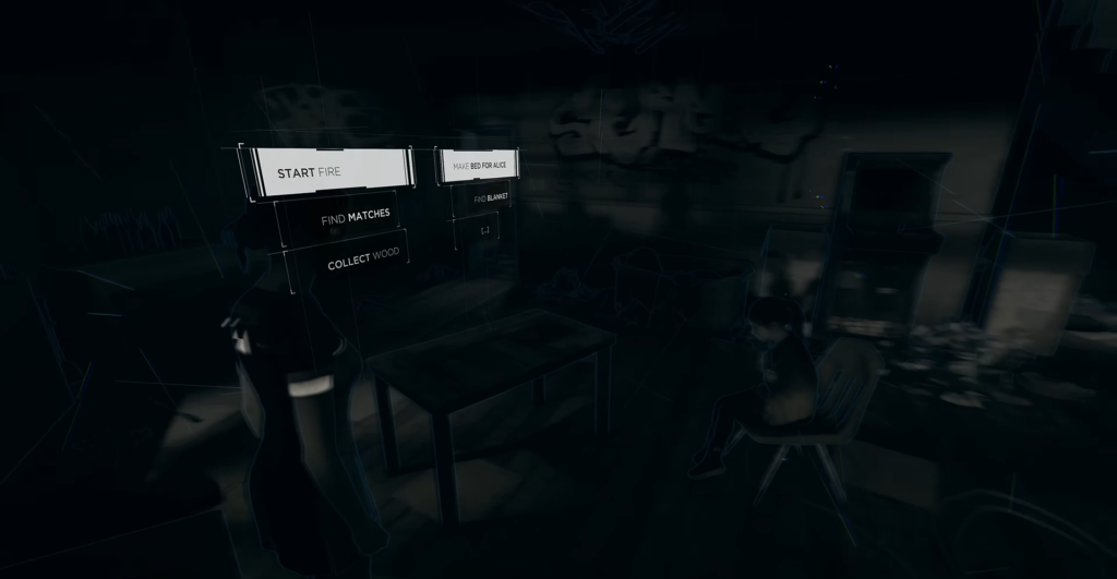 VR menu options displayed in dark room scene