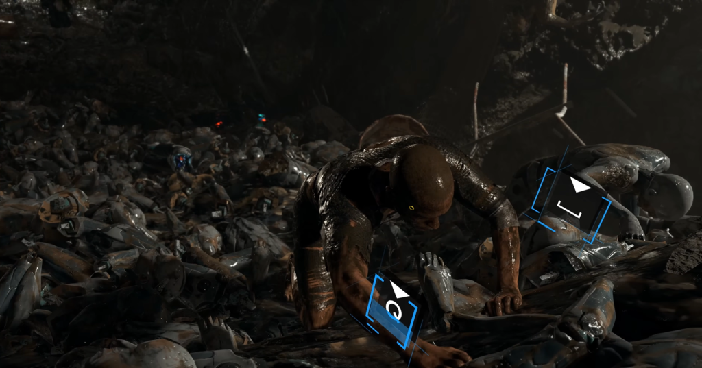 Man crawling over android bodies in junkyard