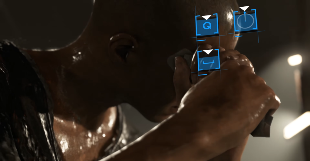 Sweaty person drinking from bottle in gym