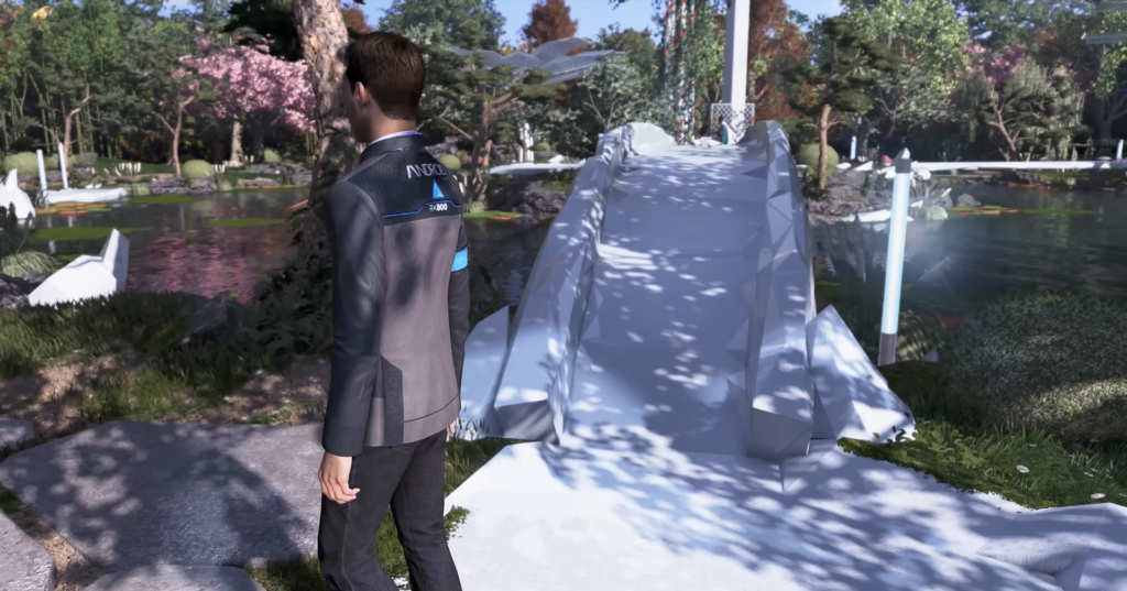 Connor from Detroit: Become Human standing by white ramp in park