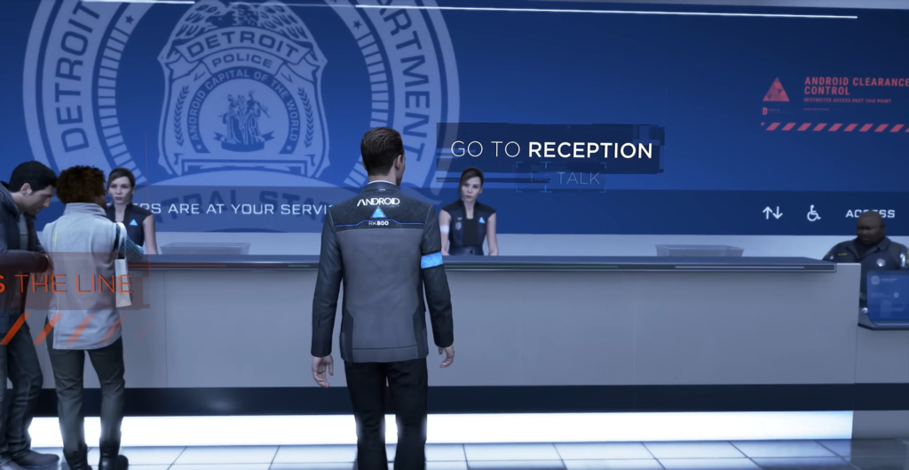 Connor from Detroit: Become Human approaches police reception desk