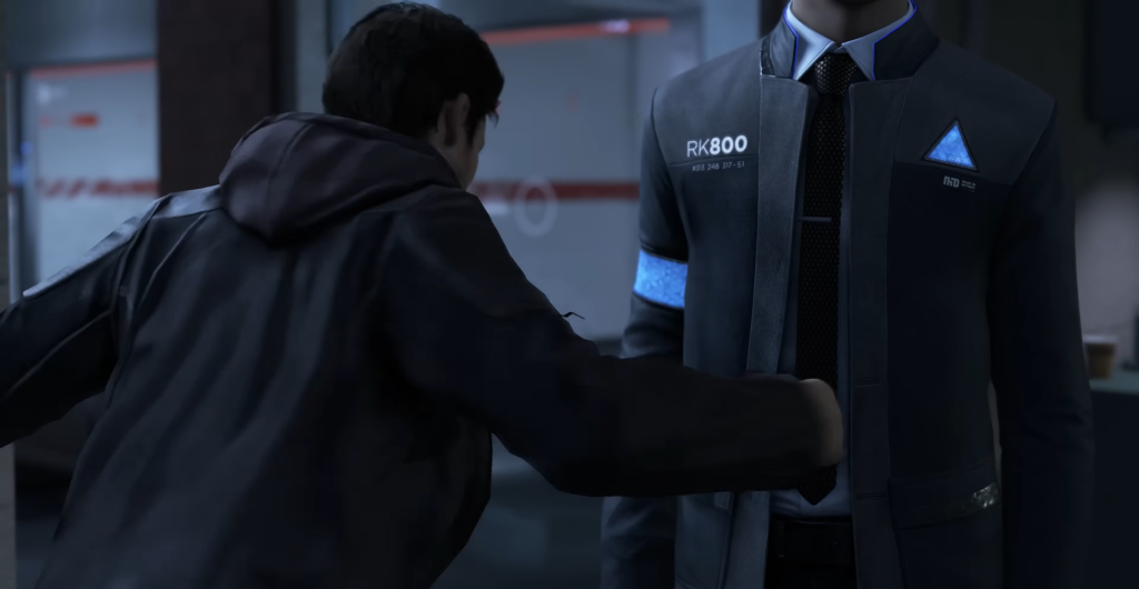 Man grabbing Connor RK800 in hallway, Detroit: Become Human