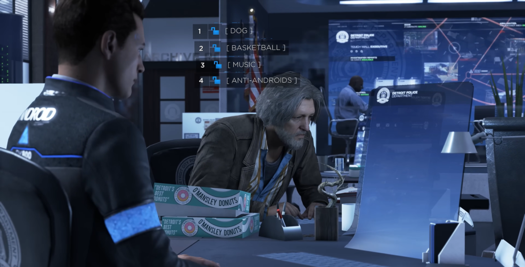 Connor and Hank Anderson talk in Detroit Police Department office