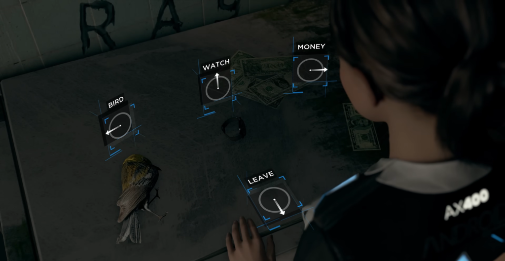 Detroit: Become Human Connor examines bird and money on table