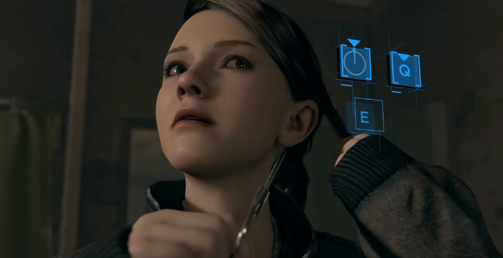 Girl cutting hair with scissors indoors