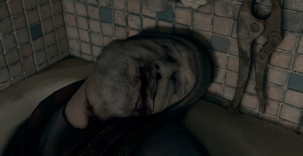 Injured man lying in bathtub against tiled wall