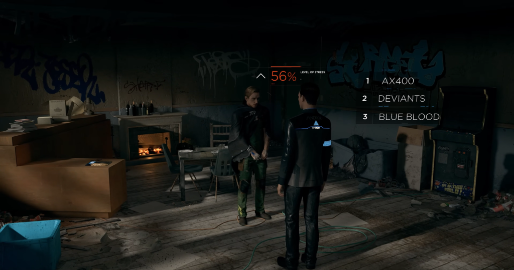 Connor faces man in graffiti-filled room, Detroit: Become Human