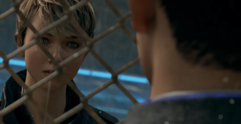 Kara from Detroit: Become Human crying behind fence