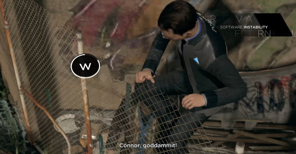 Connor climbing chain-link fence in Detroit: Become Human