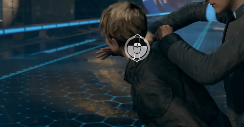 Man restrains blond boy on blue-lit floor