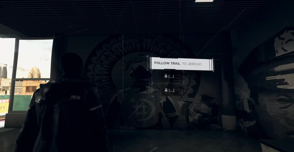 Player character facing “Follow trail to Jericho” objective indoors