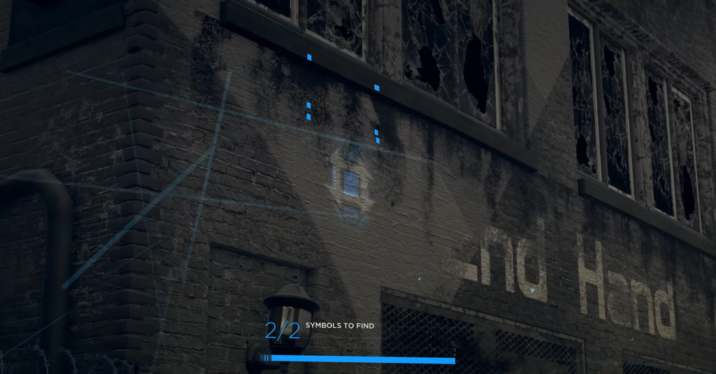 Blue holographic symbols on brick wall near broken windows