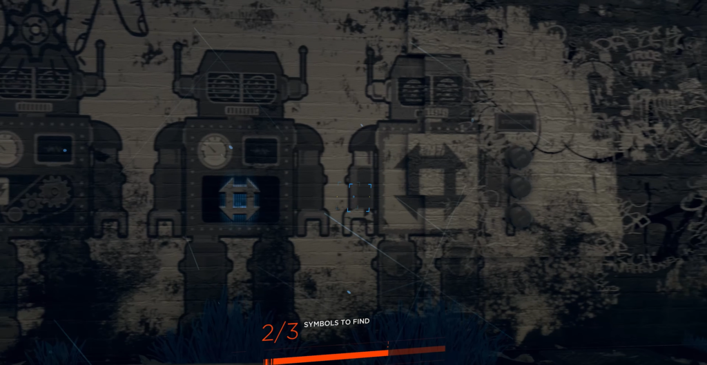 Robot graffiti on brick wall in dark alley