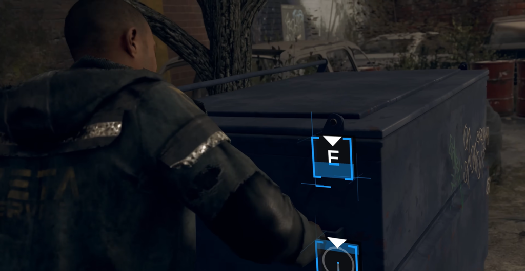 Man opening blue dumpster in alleyway