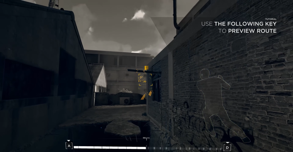 Player silhouette climbing brick wall in alleyway tutorial