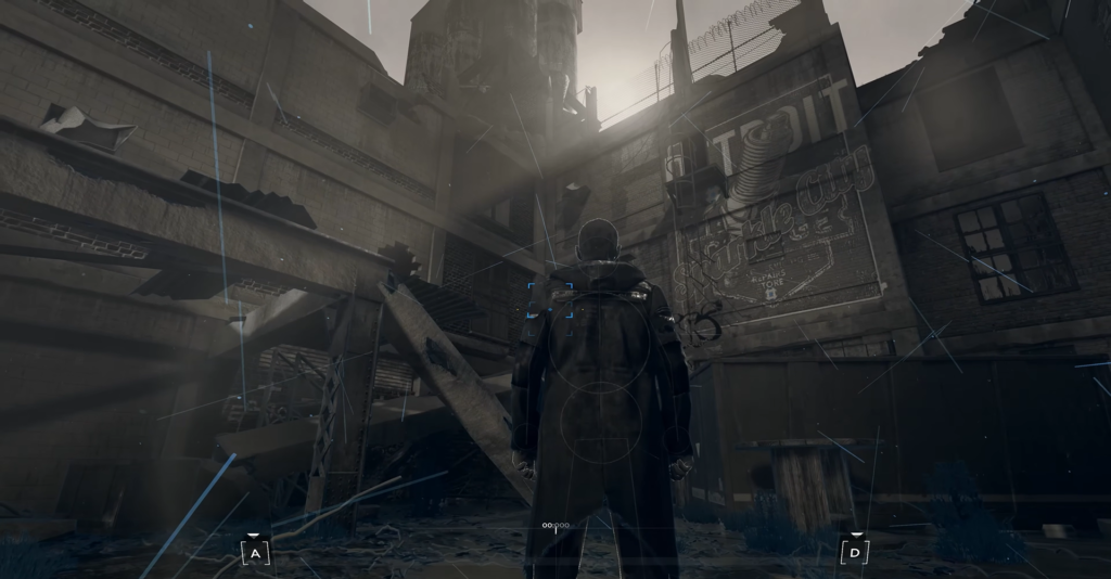 Man stands in ruined courtyard under sunlight