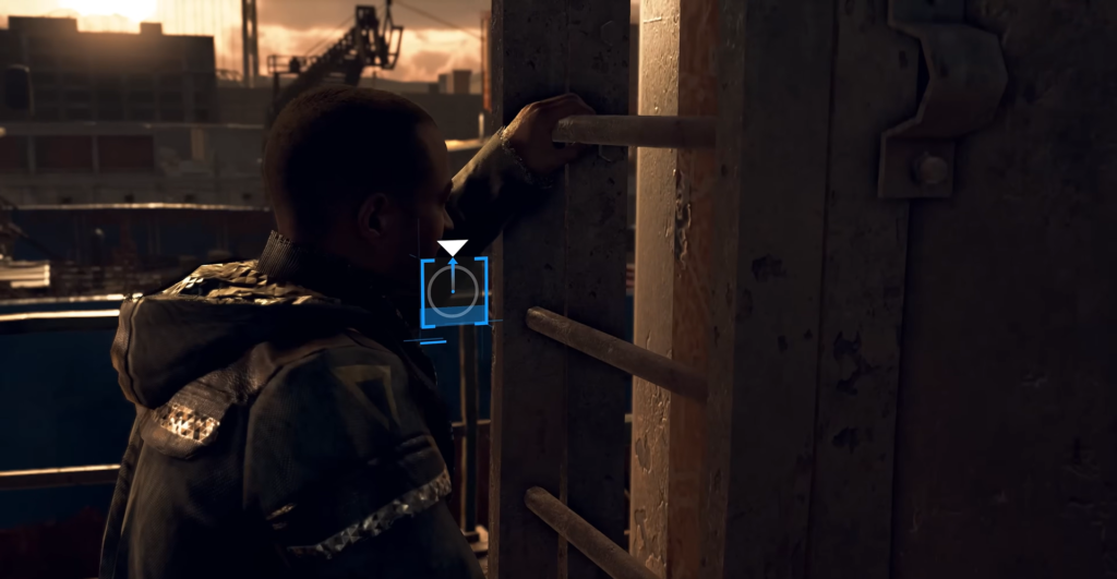 Man climbing metal ladder at industrial site