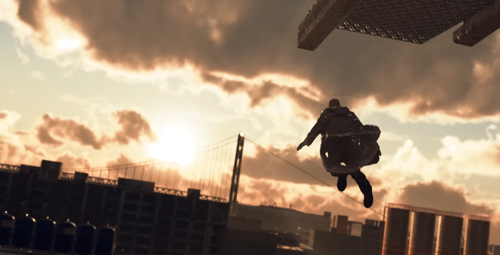 Silhouetted person jumping over rooftops at sunset