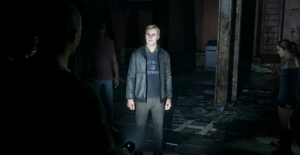 Man standing in dark abandoned building with others
