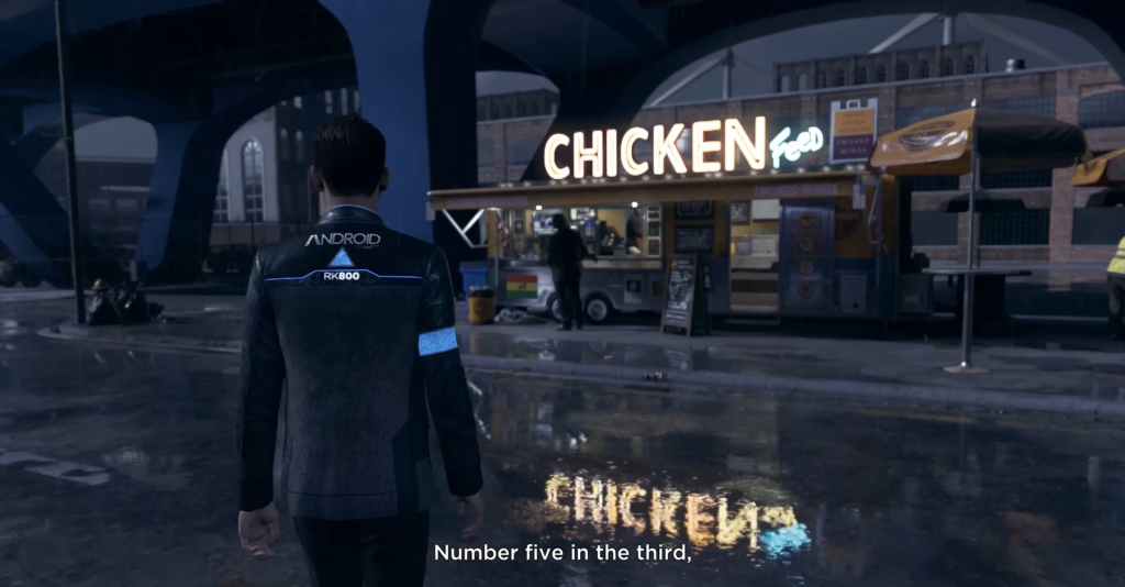 Connor from Detroit: Become Human walking toward chicken stand