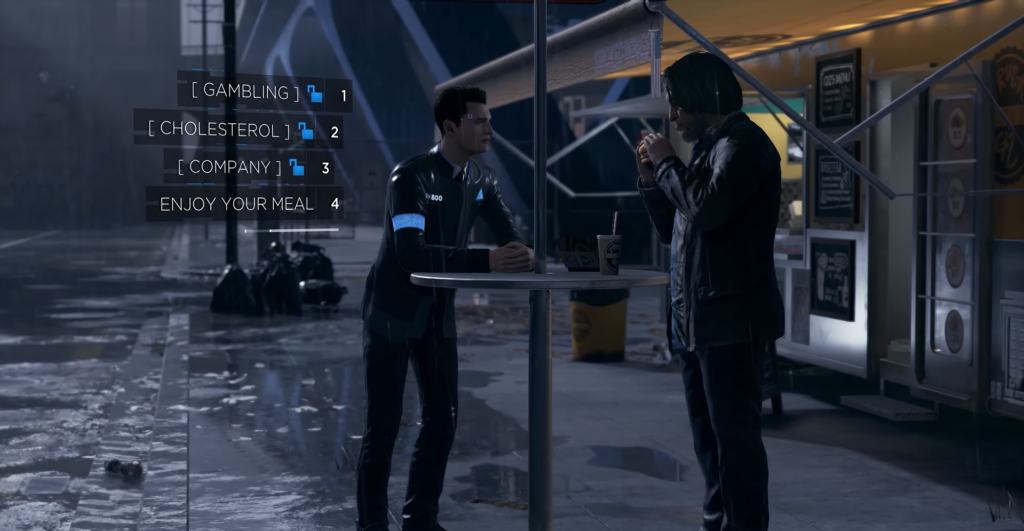 Connor and Hank talk at table outside food truck