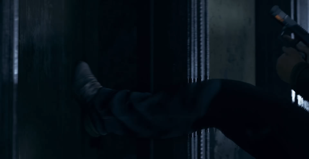 Person aiming pistol while kicking door in hallway