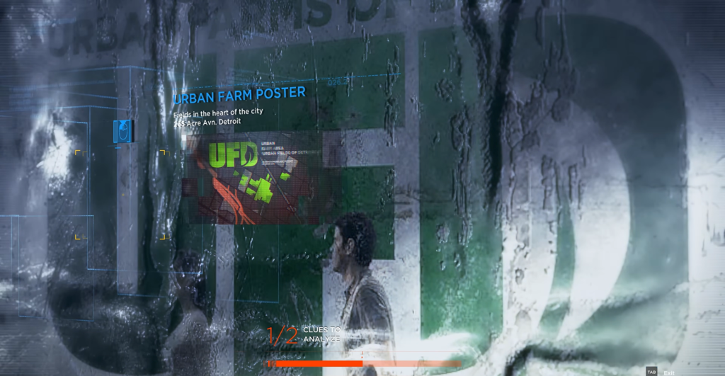 Man viewing urban farm poster through rainy window