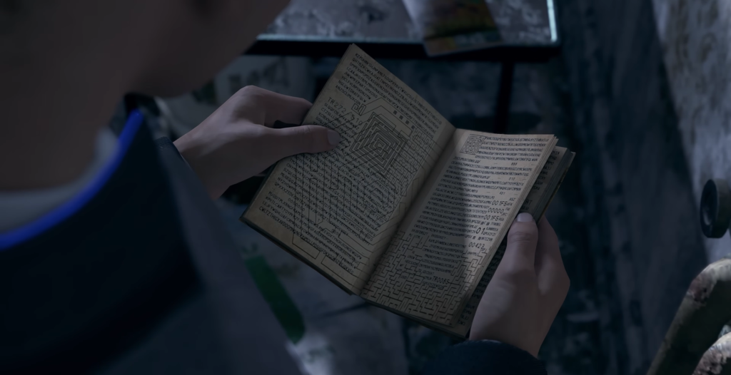 Hands holding open puzzle book in dim room