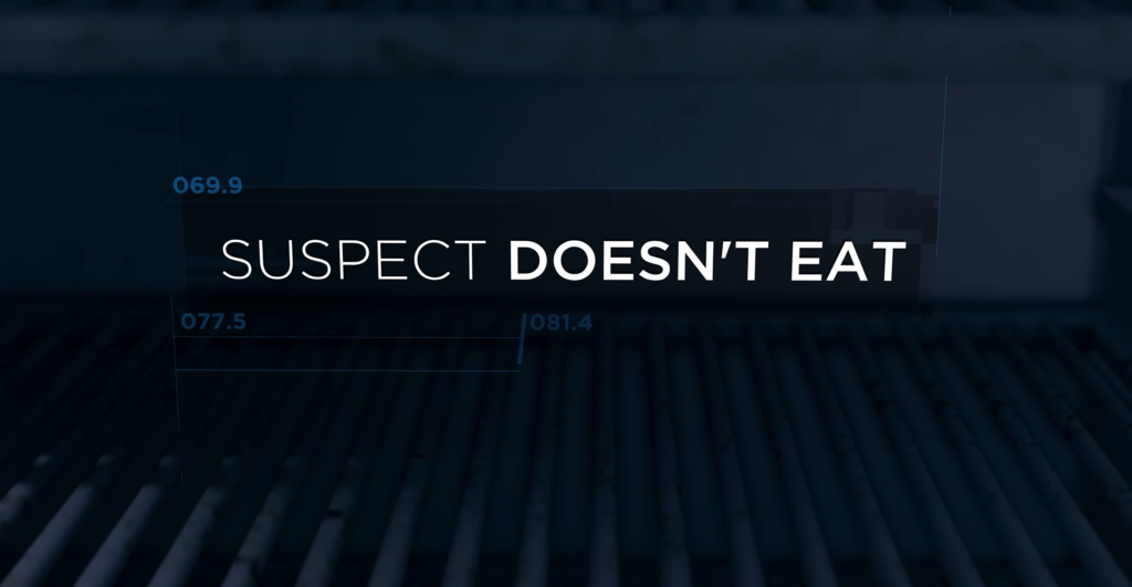 Text reads “Suspect doesn’t eat” on dark background