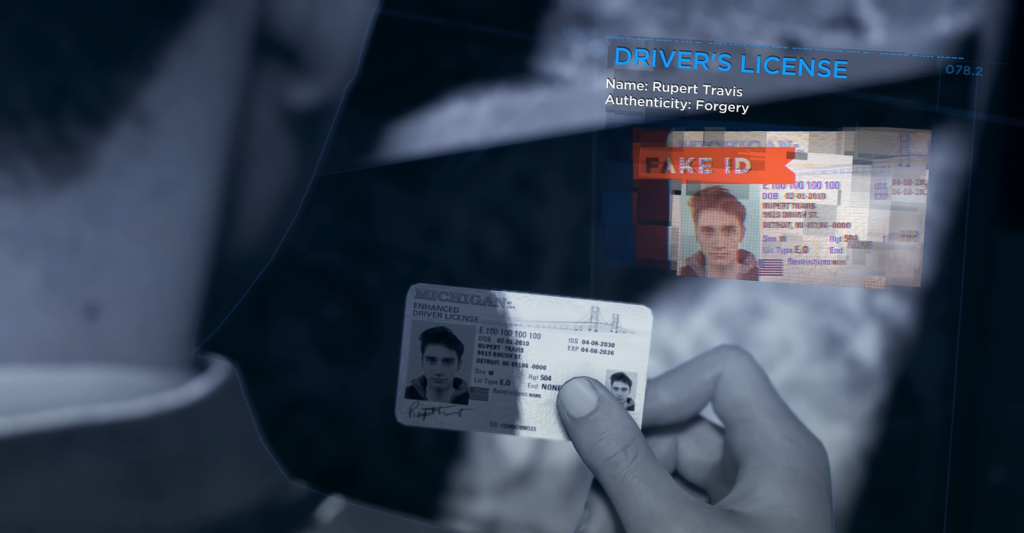 Hand holding fake driver's license with digital overlay