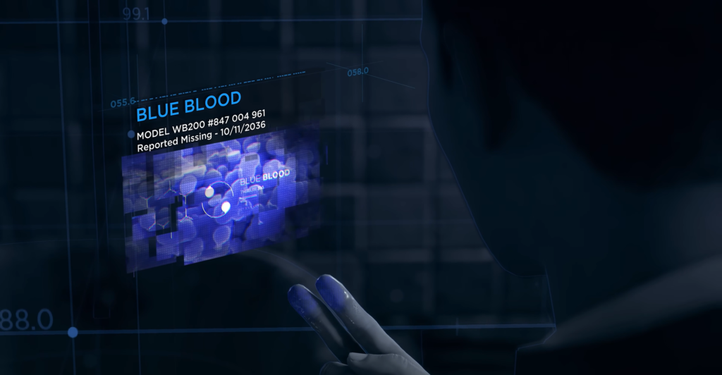 Person touching blue holographic missing report display