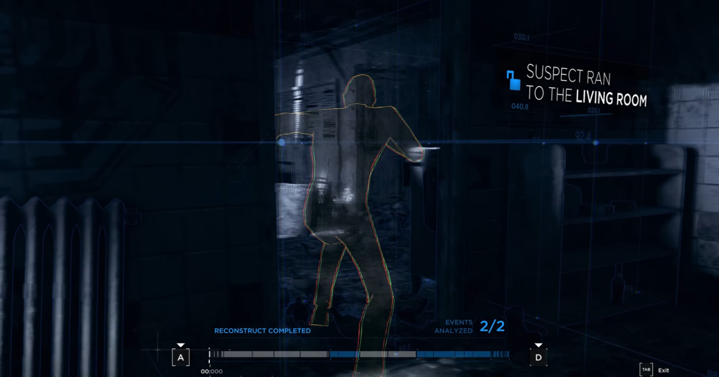 Silhouette runs through doorway in blue reconstruction interface