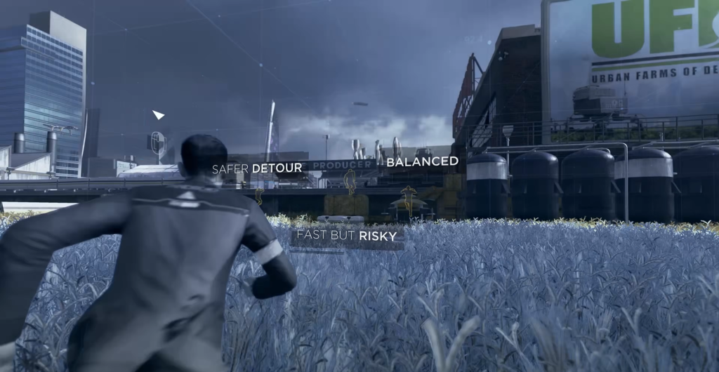 Connor from Detroit: Become Human running through field near factory