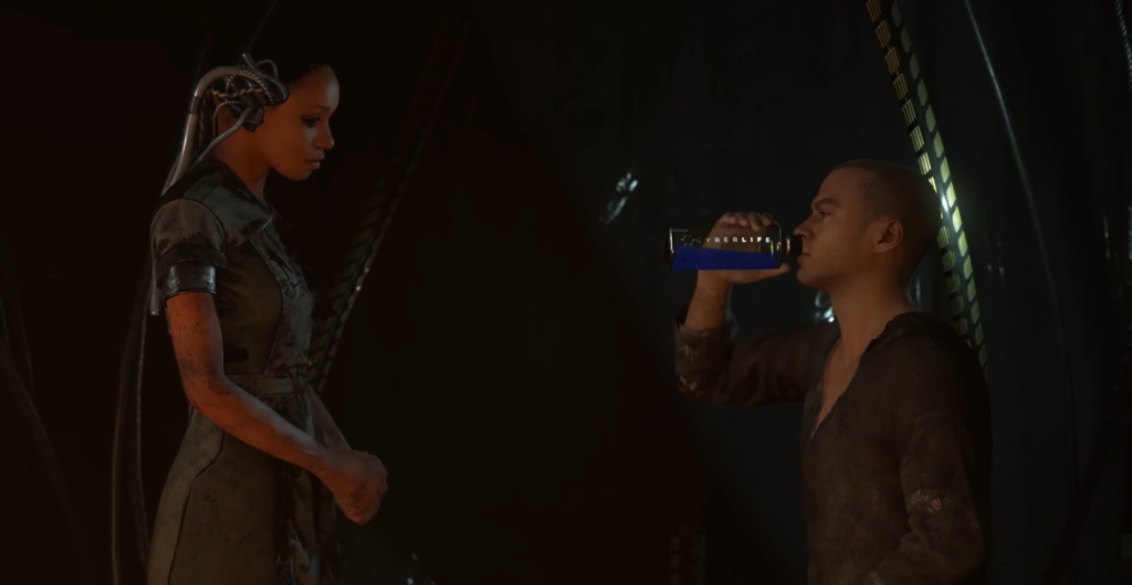 Man drinking blue CyberLife bottle beside female android indoors