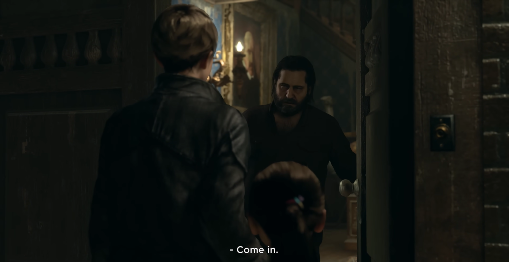 Man opens door to visitors in dim hallway