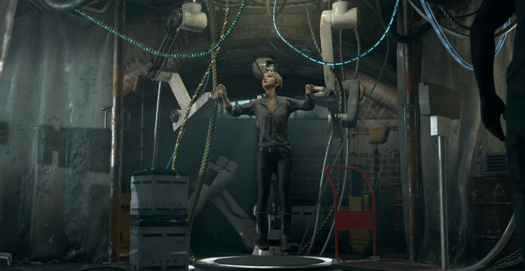 Woman standing on platform in industrial lab