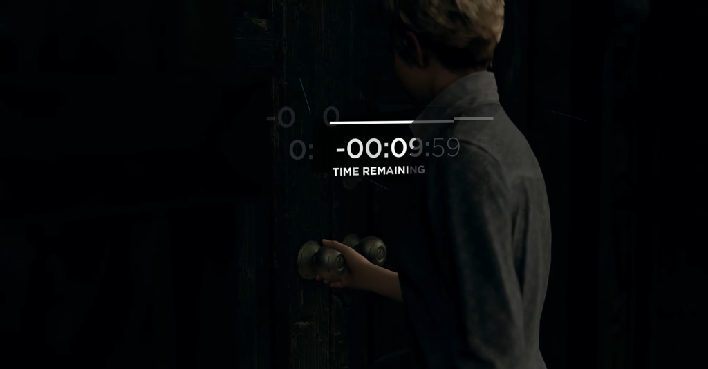 Person opening door with countdown timer overlay in dark room
