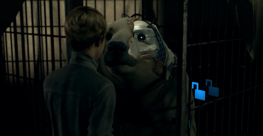 Boy faces robotic bear inside metal cage