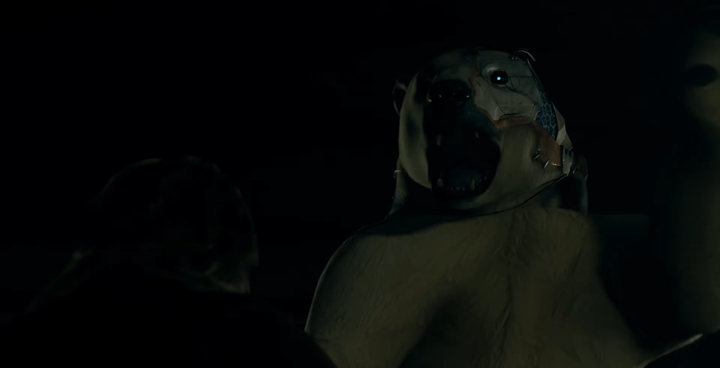 Armored bear roaring in dark cave