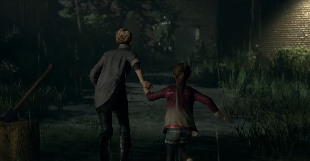 Woman and girl running hand in hand in rain