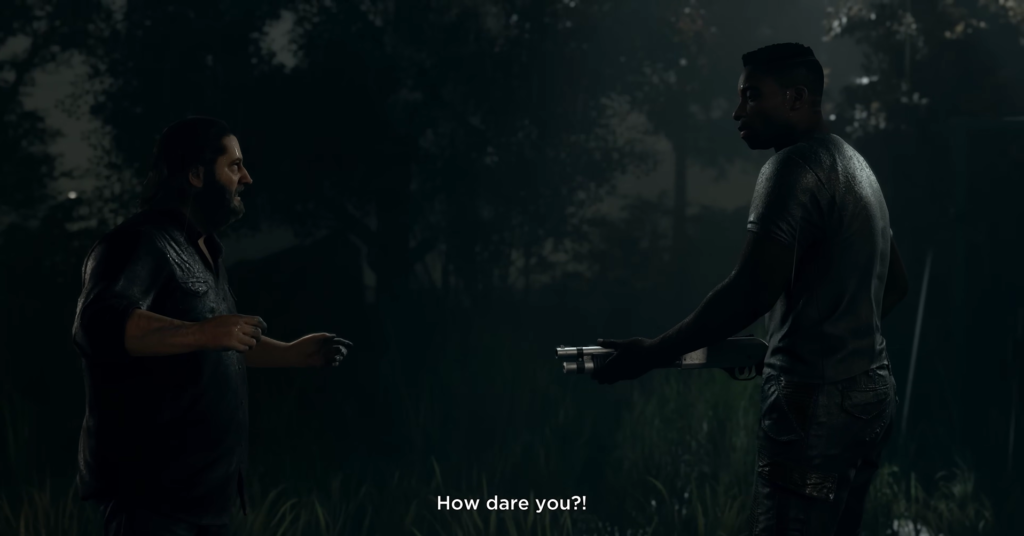 Two men confront each other in dark forest