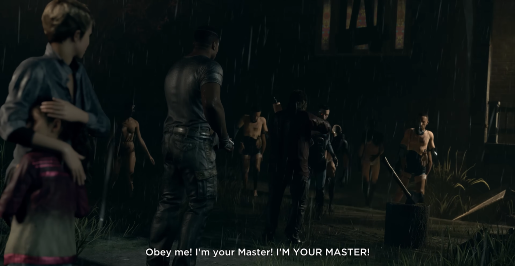 People standing in rain outside dark building entrance