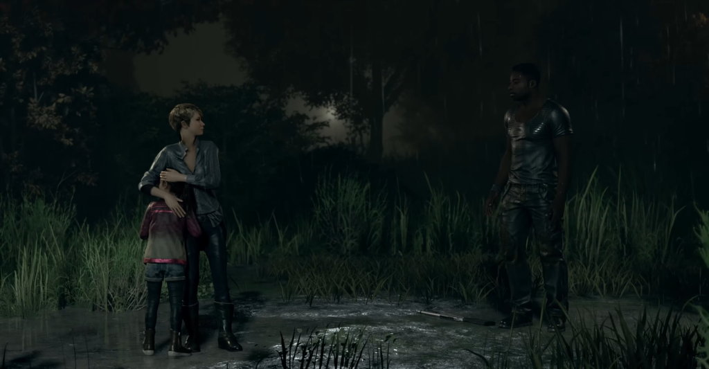 Woman hugs girl in rainy forest clearing