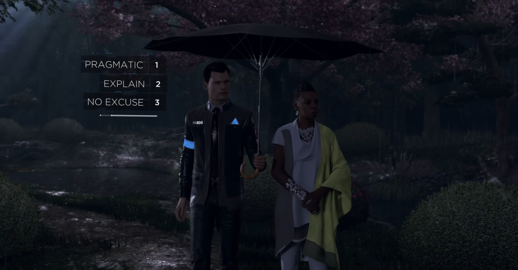 Connor holding umbrella beside Amanda in rainy garden