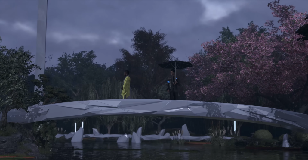 Two people stand on bridge over pond at dusk