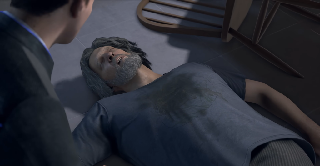 Man lying on floor beside overturned chair