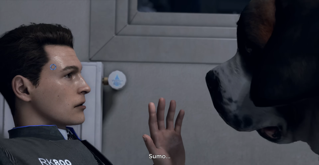 Connor from Detroit: Become Human raises hand to dog