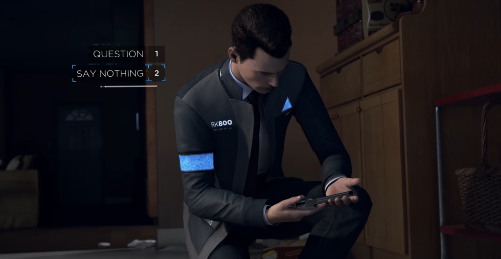 Connor from Detroit: Become Human kneeling with gun indoors