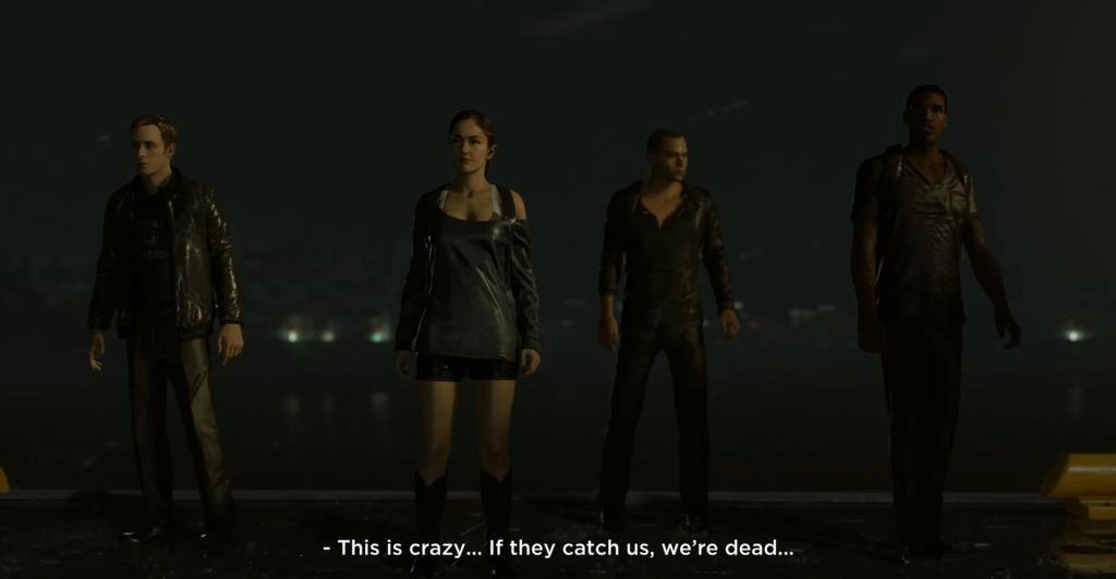 Four people standing on dark rooftop at night