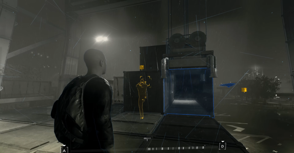 Bald man watches hologram in rainy industrial facility
